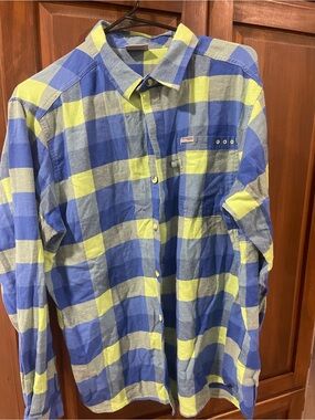 Columbia Blue and Yellow Plaid Flannel Long-Sleeve Button Shirt